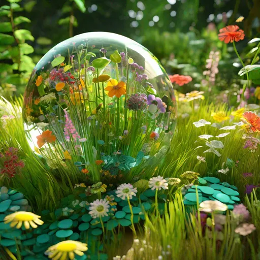 Prompt: "glass sphere containing a fantasy wildflower meadow sunrays reflective pond inspired by Marimekko, Victo Ngai, Gil Elgren, CGSociety :: Photorealistic, Vibrant summer colors, ambient occlusion, a masterpiece, Behance HD, hyperrealistic ::"