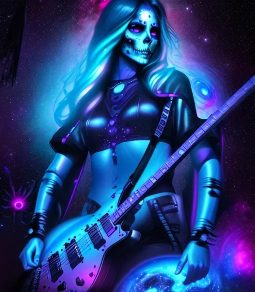 Prompt: Scary, Horror, cosmic psychedelic cinematic, Nebula, 3D, HD, {Beautiful Sugarskull}female as Guitarist liquid silver, expansive Interstellar background, supernova, freeform colorful ink chaos, hyper realistic, 8K --s98500