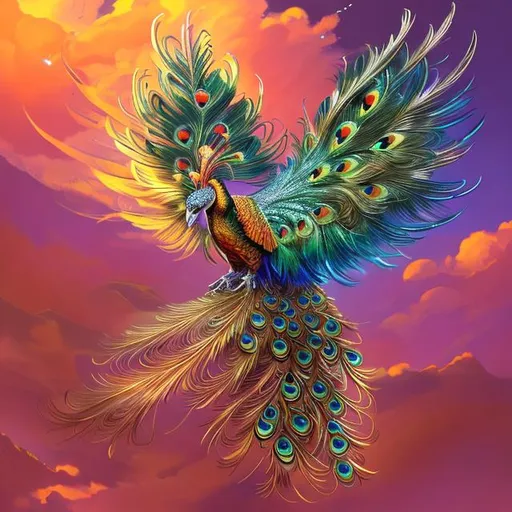 Prompt: Make me a phoenix with irridescent feathers, a peacock's tail, the claws and beak of a hawk, wearing silver and gold armour, and a jewelled headpiece, flying over a mountain, against a pink sky of a sunrise