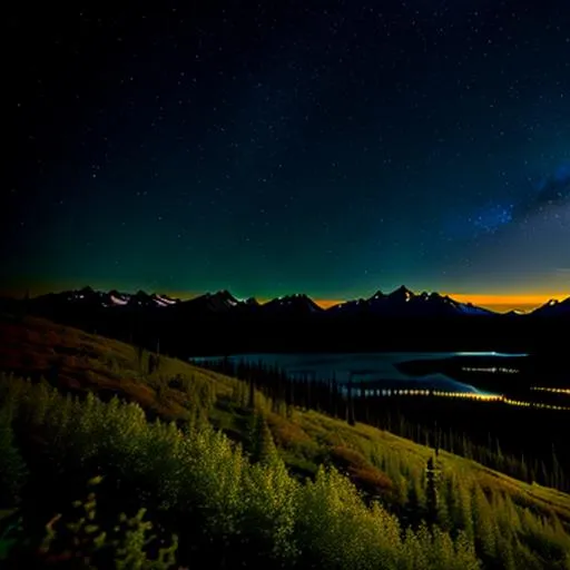 Prompt: Alaskan wilderness mid spring
(Lots of wildlife) stary night sky