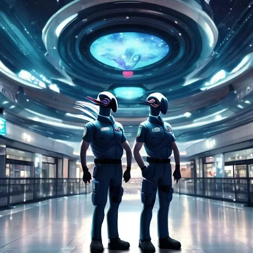 Prompt: Cockatoo security guards in a busy alien mall, widescreen, infinity vanishing point, galaxy background, surprise easter egg