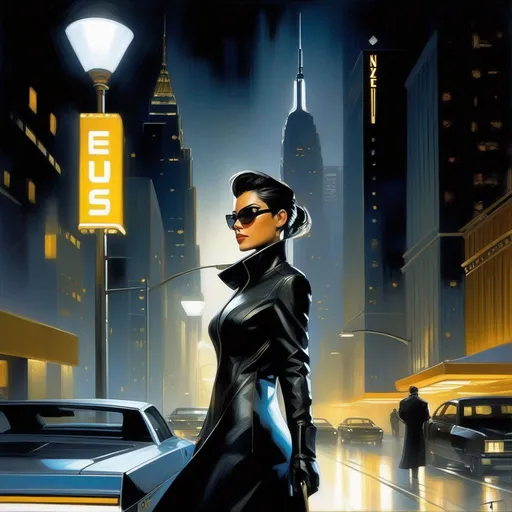 Prompt: Deus Ex, female protagonist, New York, cartoony, cold night atmosphere, extremely detailed painting by Greg Rutkowski and by Henry Justice Ford and by Steve Henderson