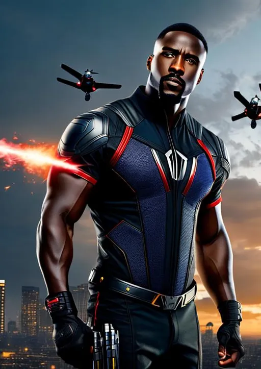 Prompt: High-resolution hyperrealistic photo of avenger {falcon sam wilson} merged with power-man [luke cage], flight suit and wings, uhd, hdr, 64k