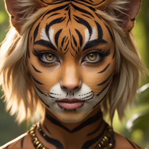 Prompt: (attractive human female) with (genetically blended features), 70% human, 30% tigress characteristics, piercing eyes that blend feline prowess and human allure, detailed fur patterns on her skin, striking contrast of soft human features with fierce feline elements, lush jungle background, vibrant tropical foliage, warm lighting casting a golden glow, 4K ultra-detailed, captivating ambiance suggesting mystery and allure.