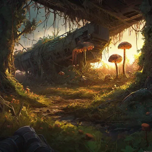 Prompt: nuclear wasteland, the last of us, glowing mutated fungi, spreading like an infection on the land, trending on Artstation, hypermaximalist, highly detailed and intricately designed, digital painting, golden hour, perfect composition, aspect ratio 3:2, overgrown