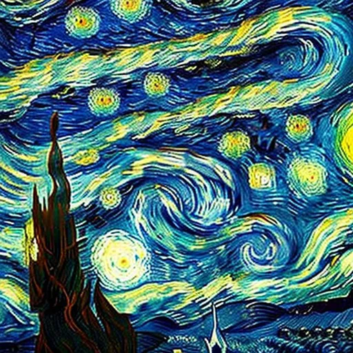 Prompt: humpback whales swimming through van gogh's starry night's sky