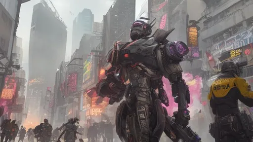 Prompt: Cyberpunk mechs, Riots in the streets, corporate corruption, cities burning, and a single flower in the chaos, tear gas, gas masks, pills, cash money