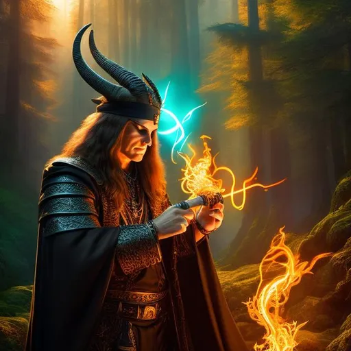 Prompt: Full body splash art, fantasy art, digital painting, sharp focus. Ozzy Osbourne as a Celtic warrior, goat horns, smoking a pipe, luminous forest, sunset, hyper-realistic, by Rembrandt, by Clyde Caldwell.