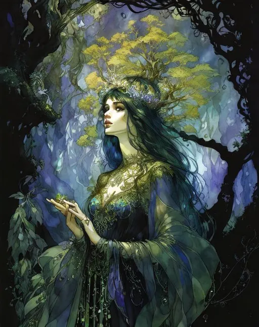 Prompt: arboreal goddess, by Arthur Adams, Stephan Martinière, and Harry Clarke 
