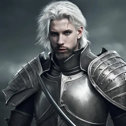 Prompt: fantasy, portrait, face visible, male, knight, grey hair, middle age, plate armor, pale skin, carrying large sword