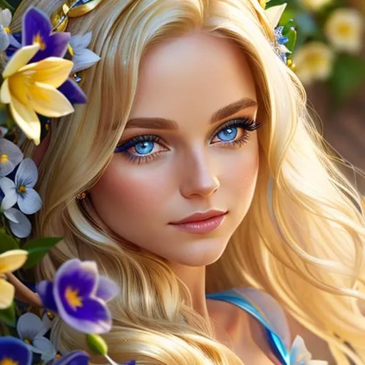 Prompt: Pixie dust princess, long blonde hair, sapphire eyes, yellow flowers in her hair,  facial closeup