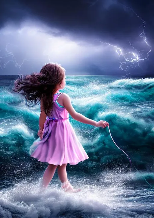 Prompt: realistic, pretty lovely magical little girl walking on the water, dressed in swirling water striding through a stormy sea, highly detailed matte fantasy painting, stormy lighting