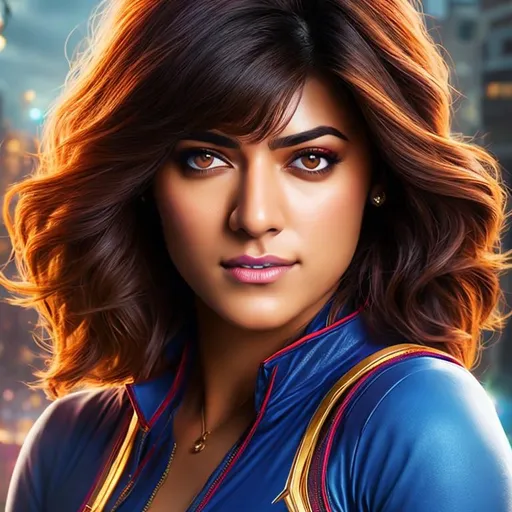 Prompt: High resolution hyperrealistic dynamic image of kamala khan merged with kate bishop, symmetrical detailed photorealistic face, highly detailed, cinematic, uhd, hdr, 64k