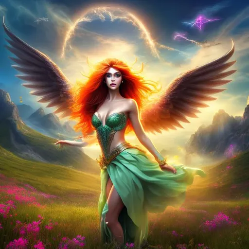 Prompt: HD 4k 3D 8k professional modeling photo hyper realistic beautiful mischievous woman ethereal greek goddess of mischief
bright orange hair green eyes gorgeous face tan skin dark shimmering dress dark wings fallen angel full body surrounded by magical glowing light hd landscape background laying in a meadow on a hill