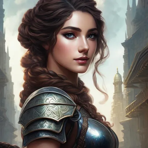 Prompt: Greek Mythology, female, leather armor,  adventurer, DnD concept art, In a busy market, half body portrait, cleric, detailed face, detailed vibrant eyes, full eyelashes, ultra detailed accessories, city background, curly messy braided hair, bangs, dnd, artwork, fantasy,inspired by D&D, concept art, ((looking away from viewer)), ((Art inspired by studio ghibli))