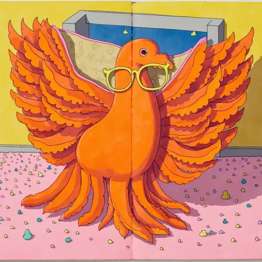 Prompt: A Phoenix wearing yellow framed glasses emerges from the ground after years in hibernation 