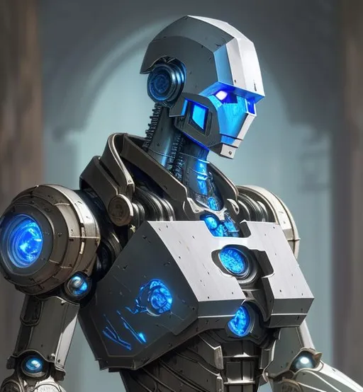 Prompt: warforged machine with wood and stone, non metal male looking, blue trim and glow, mainly dark grey | ultra-fine details, intricate scene, ambient lighting, soft glow, elegant, 16, symmetrical facial features, accurate anatomy, sharp focus, final fantasy cgi still, artgerm, taken on nikon d750, scenic, gossamer, iridescent, ethereal, auroracore, vaporwave, splash art, pixiv, tumblr instagram