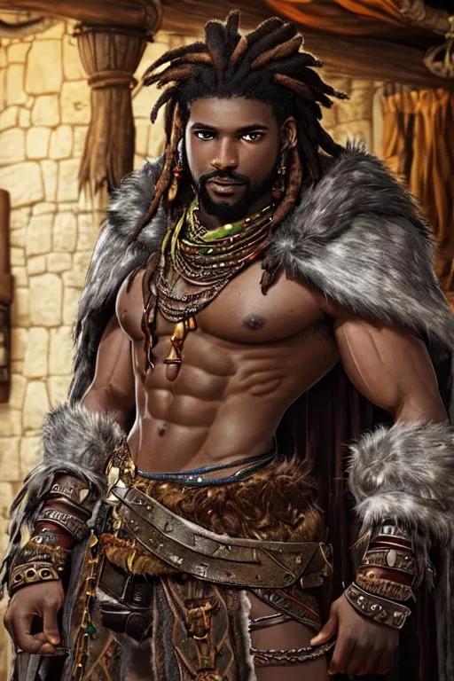 Prompt: Gruff male human, african warrior, stubble, brown eyes, grey dreadlock hair, scarred brown face, leather armor over chain armor, fur cloak, in an inn, wearing african jewels, muscular chiseled body, mystical eyes, rasta vibes
