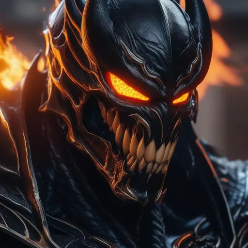 Prompt: a death knight with a Venom mouth (Venom movie), with horns forward on his forehead, orange fire eyes, killing a men , Hyperrealistic, sharp focus, Professional, UHD, HDR, 8K, Render, electronic, dramatic, vivid, pressure, stress, nervous vibe, loud, tension, traumatic, dark, cataclysmic, violent, fighting, Epic