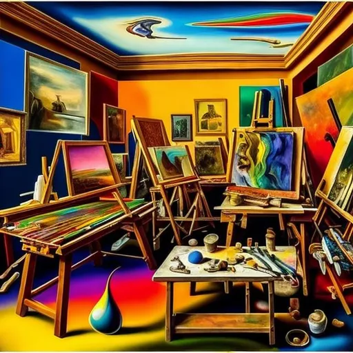 Prompt: A painter's workshop. Color flows out of the paintings. The floor is full of colors. In the style of Dali.