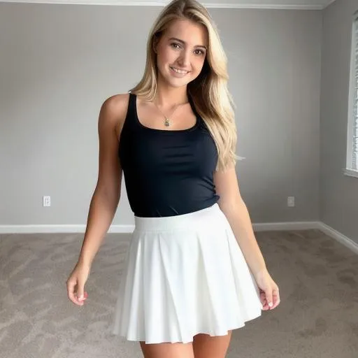 Prompt: medium shot portrait, full body, taken on a iphone X of a petite blonde white college girl in a slutty skirt in love, demure, girly, feminine, gorgeous, HDR, UHD, 4K, 8k, and 64K, highly detailed, bedroom, studio lighting