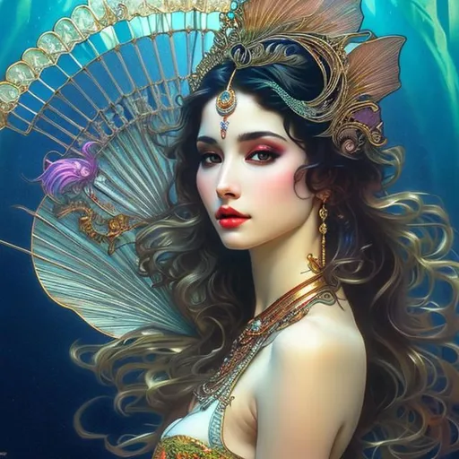 Prompt: Attractive underwater mermaid goddess with traditional fan fish tail, Alphonse Mucha, Luis Royo, Joyce ballantyne, black hair,  high contrast, colorful polychromatic, ultra detailed, ultra quality, CGSociety, depth of field, full body portrait, temple surroundings