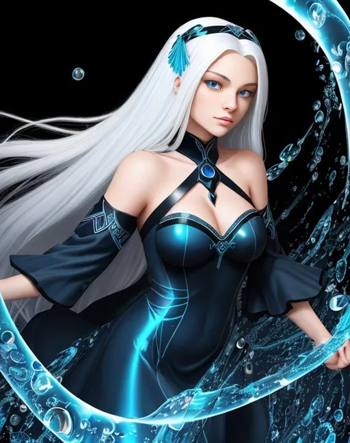 Prompt: A beautiful young 15 year old ((British)) Water elemental with light skin and a beautiful face. She has long white hair and white eyebrows. She wears a beautiful dark blue dress. She has brightly glowing dark blue eyes and water droplets shaped pupils. She wears a blue tiara. She has a blue aura around her. She is using water magic in battle against a space monster at the beach. Epic battle scene art. Full body art. {{{{high quality art}}}} ((goddess)). Illustration. Concept art. Symmetrical face. Digital. Perfectly drawn. A cool background.