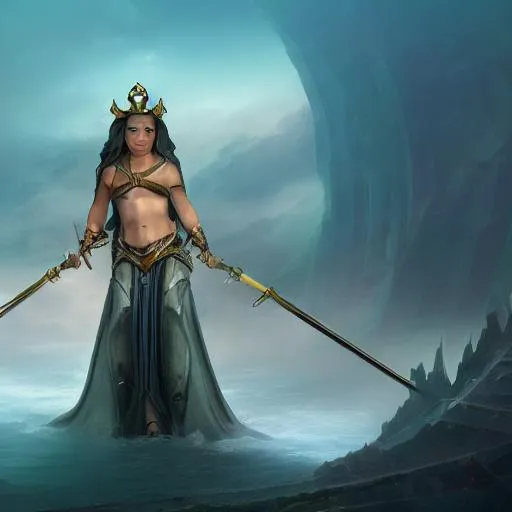 Prompt: atlantis goodess with swords, matte painting, face elaborated in detail