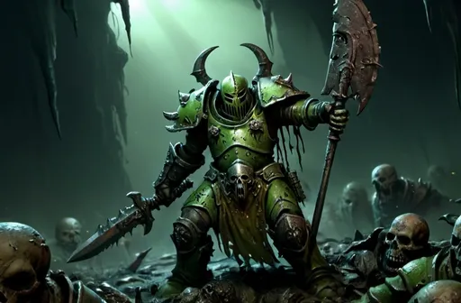 Prompt: Chaos warrior of Nurgle, grimy and rusted armor, putrid and decaying flesh, detailed pustules and boils, eerie and dark atmosphere, realistic rendering, gritty fantasy style, dark and murky tones, dramatic lighting, highres, ultra-detailed, grimdark, fantasy, chaotic, decayed, detailed armor, haunting, atmospheric lighting, dynamic battle pose, rotting flesh, green slime