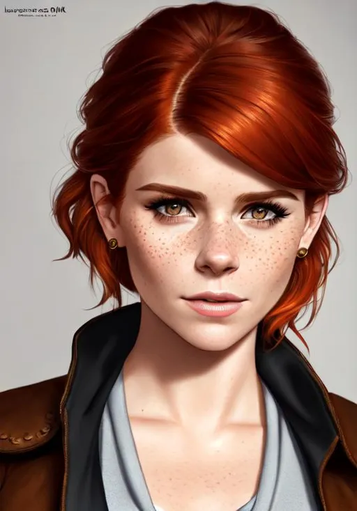 Prompt: Kate Mara, freckles, UHD, , 8k, high quality oil painting, hyper realism, Very detailed, zoomed out view of character, full body of character,  ginger haired, freckles, lord of the rings maiden