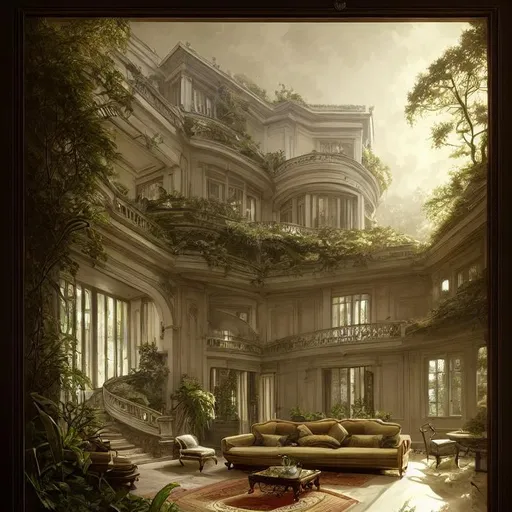 Prompt: photo of a beautiful living room in a mansion with lots of vegetation. architecture. comfortable. stairs. trending on artstation. cgsociety. art by greg rutkowski and moebius, detailed hutra, engraving, precision, cinematic light