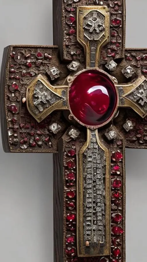 Prompt: Large, standing cross, encrusted with rubies and diamonds, encasing a piece of wood, highly detailed,  5th century relic