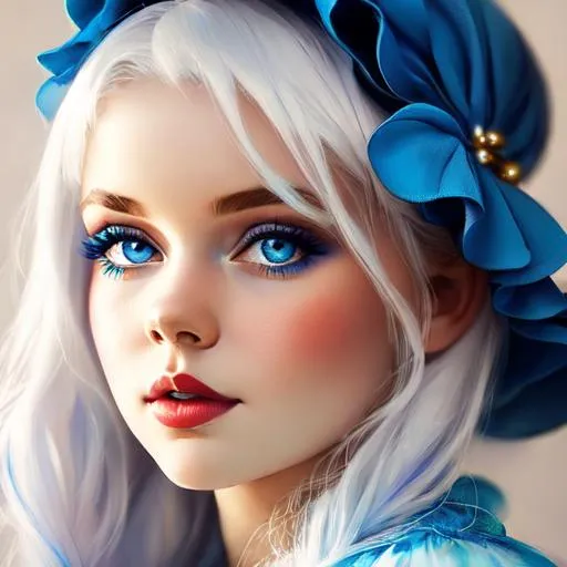 Prompt: baby  girl with snow white hair and frosy blue eyes wearing a blue dress, closeup