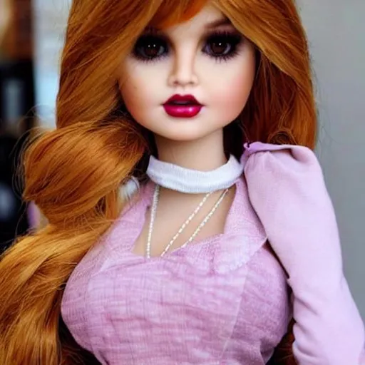 Prompt: Debby Ryan turned into a porcelain doll becoming apart of a doll collection.