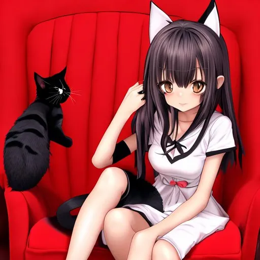 Prompt: An anime girl with a cat sitting in a red chair