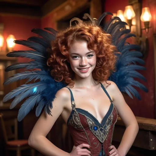 Prompt: Hirez photo, a slim youthful 18-year-old petite girl, ((performing a burlesque style feather dance:  hands holding large feathery ‘shield like’ fans that conceal body)), short curly red hair, in old west saloon, with a shy smile and small pointed nose and freckles on detailed facial features and skin tone, wearing an (elegant colorful supportive lace corset) 16 and (thigh-high boots), The scene features (realistic details) and is illuminated by (natural lighting), evoking a serene and stylish ambiance. Ensure high image quality: (4K, ultra-detailed).