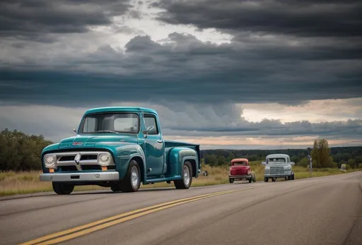 Prompt: A 1953 Ford F-100 [pulling-towing] a full size Airstream camper whilst driving away from a vintage American city skyline. Dramatic sky and clouds. 