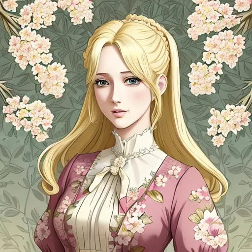 Prompt: Beautiful blonde anime woman, flower patterns Regency dress, poplar trees background