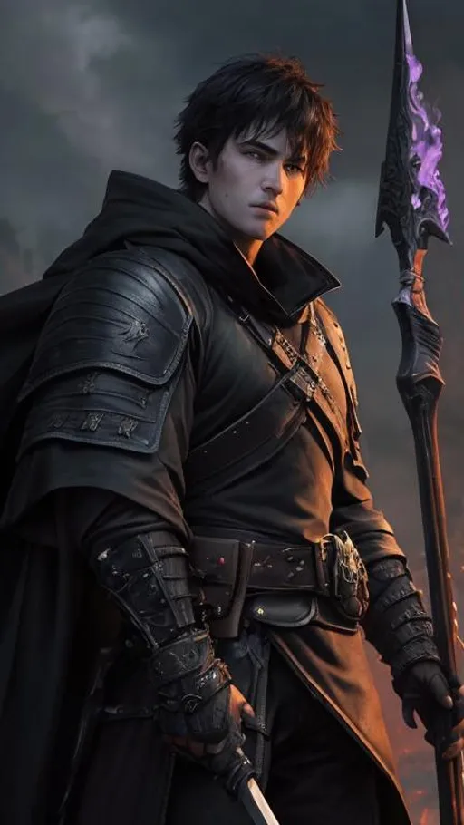 Prompt: A battered and raged Caucasian male with short black hair, a black cloak with leather armor, baggy pants and a spear surrounded with floating purple fire. He has an emotionless face. He is leaning on his spear in the middle of a burning village as ash and glowing crimson sparks fall gently from the grey sky. behance HD,