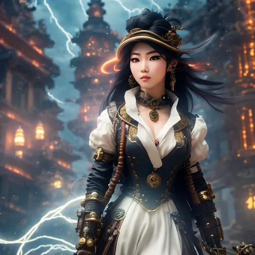 Prompt: Asian female steampunk character in an action pose on a stormy Clocktower, 8k resolution, intricate details, gears, trending on Artstation, with red glowing eye robots flying in a lightning storm., highlighting the intricate details and vibrant colors. The image evokes a sense of wonder and serenity, inviting viewers to explore and connect with the ethereal landscapes portrayed in the prompt.