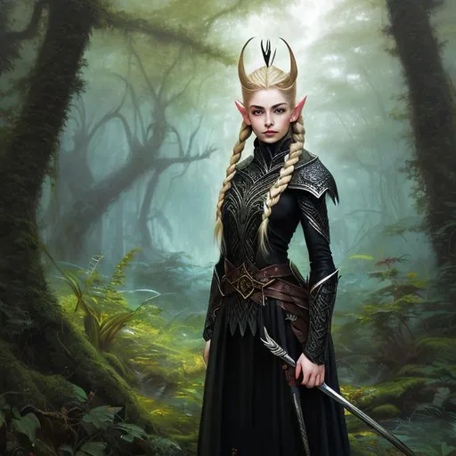Prompt: Portrait painting, beautiful nordic looking elven warrior woman with blonde braided hair, pale skin, black leather armor, black cloak, in the jungle, dull colors, danger, fantasy art, by Hiro Isono, by Luigi Spano, by John Stephens