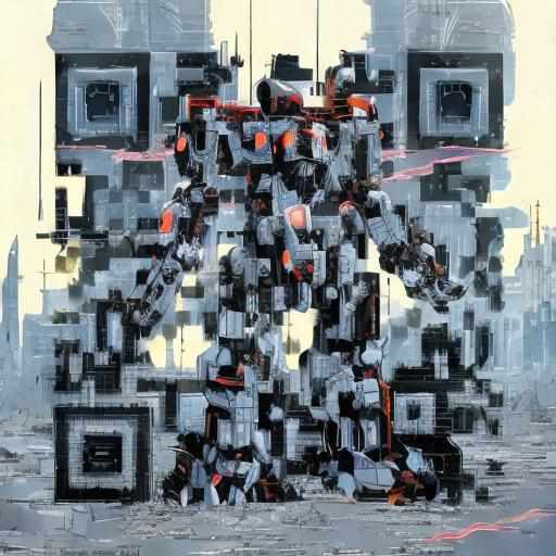 Image AI: Open Art: masterpiece, best quality, mecha, no humans, black armor, blue eyes, science fiction, fire, laser canon beam, war, conflict, destroyed city background