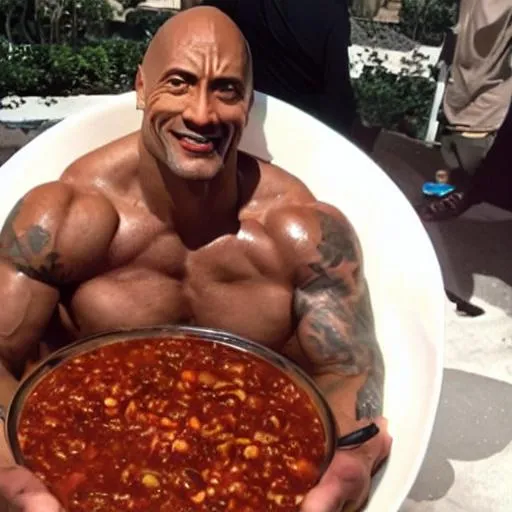 Prompt: the rock relaxing in a giant bowl of chili