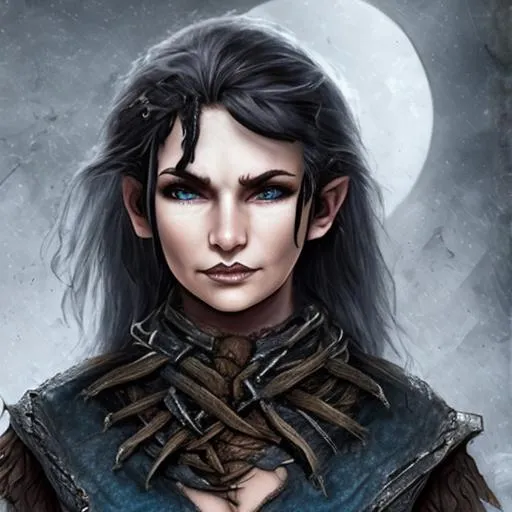 Prompt: A D&D female halfling dressed in leather armor with a tattered black scarf wrapped around their neck in a dark and dreary setting.her eyes is blue and skin is white.Her hair is brown.