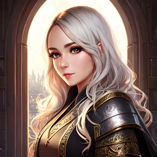 Prompt: half body portrait, female , cleric,  detailed face, detailed eyes, full eyelashes, ultra detailed accessories, detailed interior, city background, full robes, short wavy hair, dnd, artwork, dark fantasy, tavern interior, looking outside from a window, inspired by D&D, concept art, night time