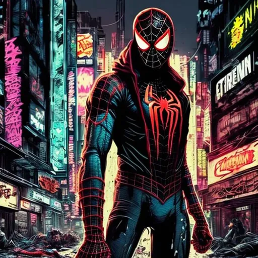 Prompt: Gritty Todd McFarlane style black and neon Spiderman. Full body. Gritty, futuristic army-trained villain. Bloody. Hurt. Damaged. Accurate. realistic. evil eyes. Slow exposure. Detailed. Dirty. Dark and gritty. Post-apocalyptic Neo Tokyo .Futuristic. Shadows. Armed. Fanatic. Intense. 