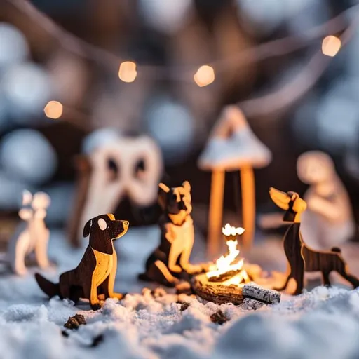 Prompt: tiny wooden dogs making smores and coffee and dog bones at tiny wooden bright campfire string lights on a starry night in the snow
