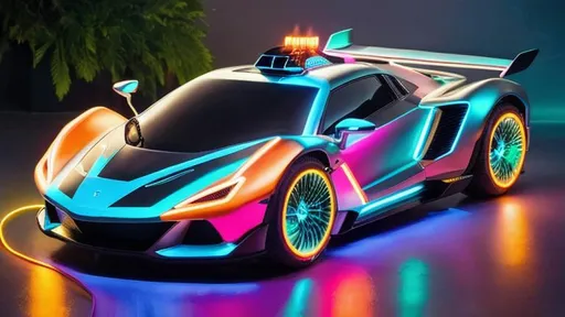 Prompt: ultra high resolution hyperrealistic neon glowing metallic futuristic flying car in close up looking directly to the camera sitting on a flower in amazon
