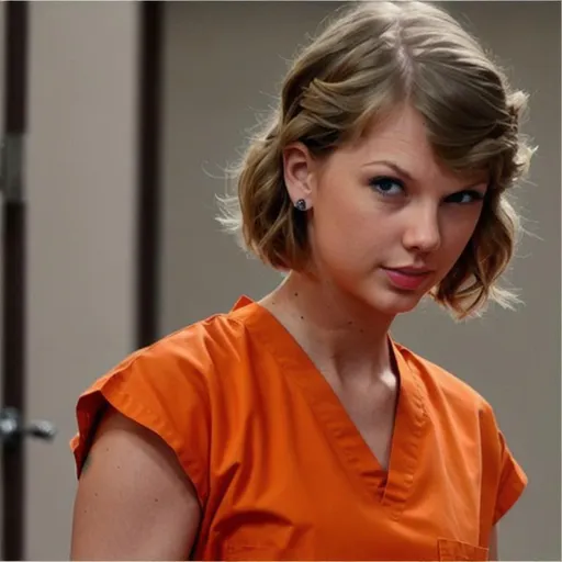 Prompt: taylor swift in prison wearing orange scrubs prison uniform