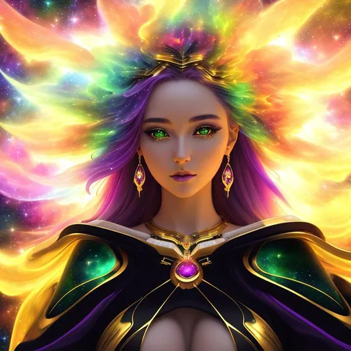 Prompt: Cosmic, Splendor, Beautiful, Vivid, cinematic, 3D, HD, {Liquid Plasma}(Melancholy Goddess) Nebula, gold silver Green Red Purple, mist, expansive Galactic background, hyper realistic, 8K --s98500